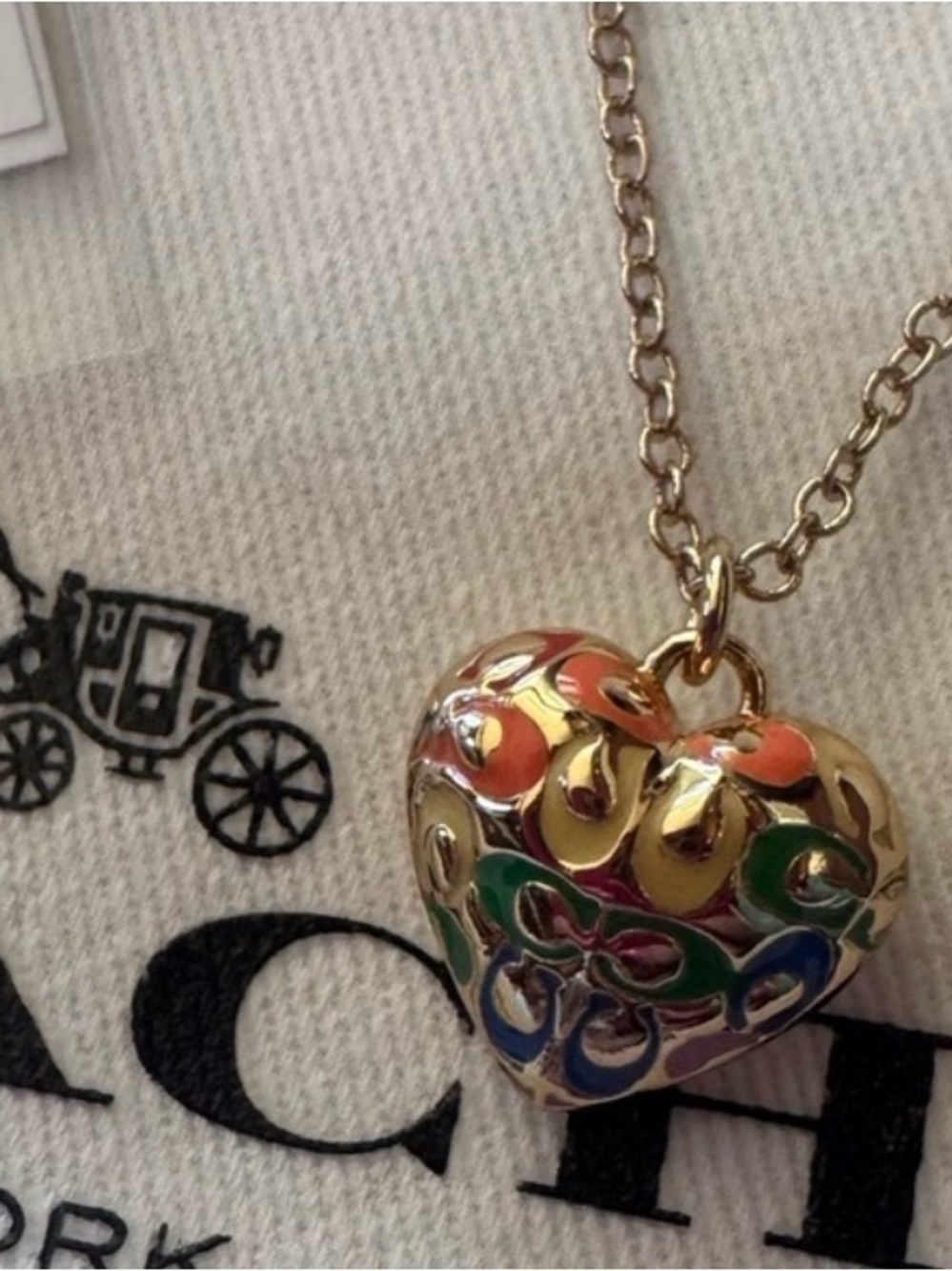 Coach Gold-Tone Heart Necklace with Rainbow Enamel